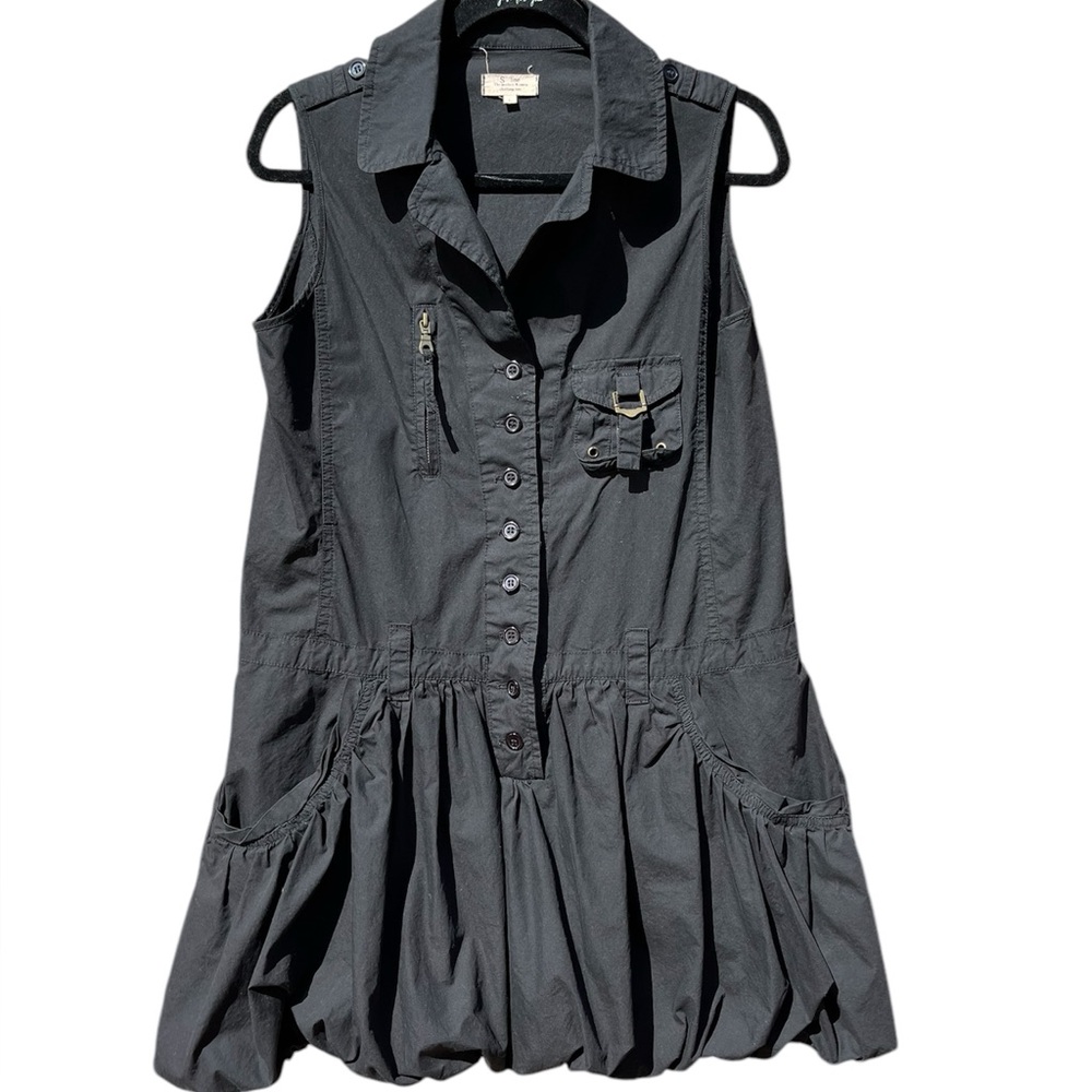 S Line Black Cotton Balloon Skirt Sleeveless Mini Dress